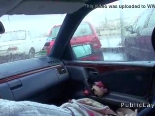 Hairy pussy Russian goddess fucks in the car in public